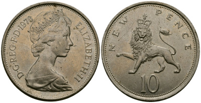 Великобритания 10 пенсов 1976 Елизавета II (1952-2022) KM 912, Spink 4231 (F1) медно-никель 4384-844