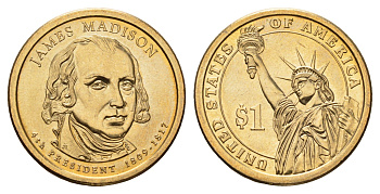 США 1 доллар 2007 P, серия президенты США, Джеймс Мэдисон (1809-1817) KM 404 медь с марганцево-латунным покрытием UNC 4624-155