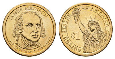 США 1 доллар 2007 P, серия президенты США, Джеймс Мэдисон (1809-1817) KM 404 медь с марганцево-латунным покрытием UNC 4624-155