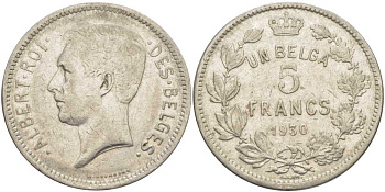 БЕЛЬГИЯ 5 ФРАНКОВ 1930 АЛЬБЕРТ I, DES BELGES KM 97.1 никель 3851-124