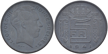 БЕЛЬГИЯ 5 ФРАНКОВ 1941 BELGES, ГЕРМАНСКАЯ ОККУПАЦИЯ, ВТОРАЯ МИРОВАЯ ВОЙНА KM 129.1 цинк 31-1244