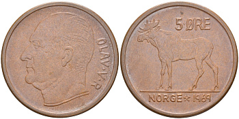 Норвегия 5 эре 1969 ЛОСЬ, Улаф V (1958-1991) KM 405 бронза 3855-1214