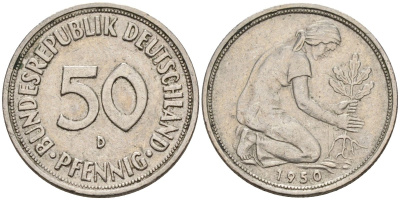 ФРГ 50 пфеннигов 1950 D KM 109, J. 384 медно-никель 4176-653