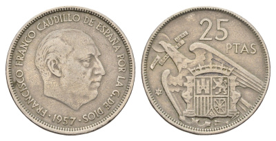 Испания 25 песет 1957 (58) Франсиско Франко (1939-1975) KM 787 медно-никель 4671-1027