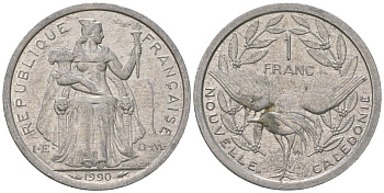 Французская Новая Каледония 1 франк 1990 птица кагу, (IEOM) KM 10, Schoen 10, Lec 50 алюминий 53-822