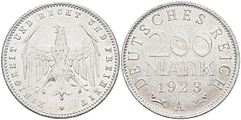 Германия 200 марок 1923 A KM 35, J. 304, Weege 22 алюминий UNC 4586-236
