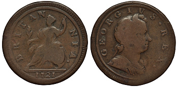 Великобритания 1/2 пенни 1721 Георг I (1714-1727) Spink 3660 медь 1523-922
