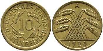 ГЕРМАНИЯ 10 РЕНТЕНПФЕННИГОВ 1924 А KM 33, J.309 алюминиевая бронза 96-633