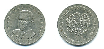 Польша 20 злотых 1976 MW, Марцелий Новотко KM 69, Parchimowicz 246c медно-никель 37-813