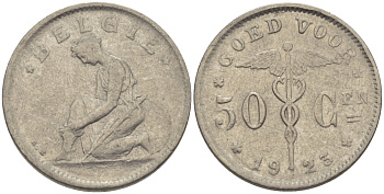 БЕЛЬГИЯ 50 САНТИМОВ 1923 BELGIE KM 88 никель 100-233