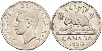 Канада 5 центов 1950 бобр, Георг VI (1937-1952) KM 42 никель 73-1335