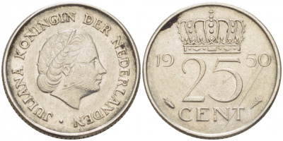НИДЕРЛАНДЫ 25 ЦЕНТОВ 1950 ЮЛИАНА KM 183 никель 3309-635