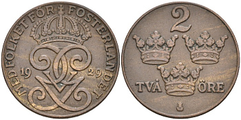 Швеция 2 эре 1929 Густав V (1907-1950) KM 778 бронза 63-1226