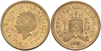 Нидерландские Антилы 1 гульден 1992 Беатрикс (1980-2013) KM 37 позолоченная сталь 4142-122