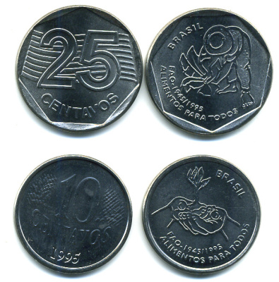 Бразилия набор из 2 монет (10 и 25 сентаво) 1995 50 лет Всемирной продовольственной программе (ФАО FAO KM 641, 642 нержавеющая сталь UNC M23-17