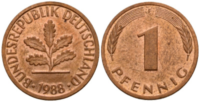 ФРГ 1 пфенниг 1988 F KM 105, J.380 сталь плакированная медью 4602-768