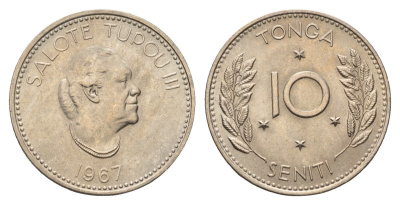 Тонга 10 сенити 1967 год-тип, Салоте Тупоу III (1900-1965) KM 7 медно-никель UNC 176-332