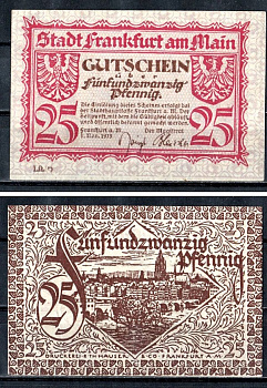Франкфурт-на-Майне (Пруссия, Гессен-Нассау) 25 пфеннигов 1919
 Mehl Grabowski F16.2c бумага UNC (пресс) 7556-32-1-1