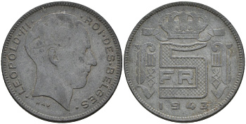 Бельгия 5 франков 1943 Belges KM 129 цинк 51-2137