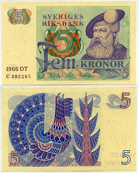 Швеция 5 крон 1966 DT, Густав I Ваза Pick 51a бумага aUNC 2192-6-3-1