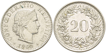 Швейцария 20 раппенов 1960 В KM 29а медно-никель 4511-923
