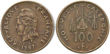 Французская Новая Каледония 100 франков 1987 хижина среди сосен и пальм, (IEOM) KM 15, Schoen 16, Lec 135 никель латунь 4137-935