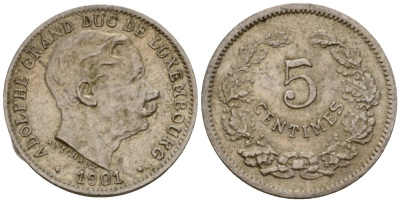 Люксембург 5 сантимов 1901 герцог Адольф (1890-1905) KM 24 медно-никель 4602-339