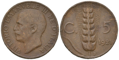 Италия 5 чентезимо 1921 R, Виктор Эммануил III (1900-1946) KM 59 медь 4164-1244