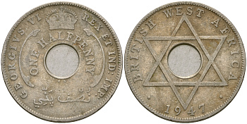 Британская Западная Африка 1/2 пенни 1947 KN, Георг VI KM 18 медно-никель 25-1027