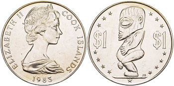 Острова Кука 1 доллар 1983 статуя бога Тангароа (полинезийский бог морской стихии) KM 7 медно-никель UNC 1085-7-32