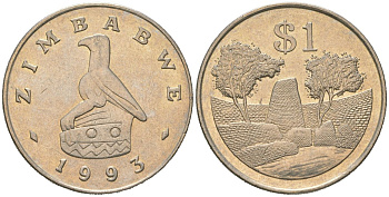 Зимбабве 1 доллар 1993 руины большого Зимбабве KM 6 медно-никель UNC 106-821
