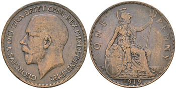 Великобритания 1 пенни 1919 Георг V (1910-1936) KM 810, Spink 4051 бронза 3855-325