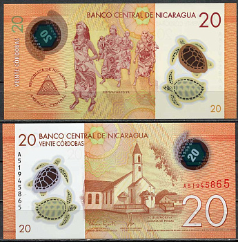 Никарагуа 20 кордоба 2019 фестиваль Майя, морские черепахи, Никарагуа, церковь Pick 210 a пластик  UNC (пресс) 447-70-3-3