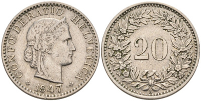 Швейцария 20 раппенов 1947 В KM 29а медно-никель 92-1251