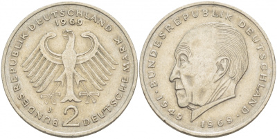 ФРГ 2 МАРКИ 1969 J, КОНРАД АДЕНАУЭР KM 124, J. 406 медно-никель плакированный никелем 3718-1045