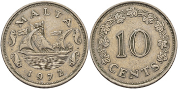 Мальта 10 центов 1972 баржа Великого магистра KM 11 медно-никель 82-322