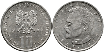 ПОЛЬША 10 ЗЛОТЫХ 1984 MW, БОЛЕСЛАВ ПРУС KM 73 медно-никель UNC 441-833