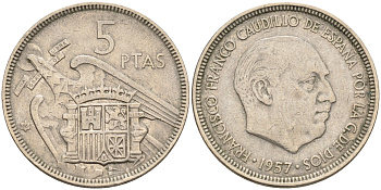 Испания 5 песет 1957 (66) Франсиско Франко (1939-1975) KM 786 медно-никель    4595-1023