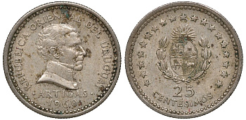Уругвай 25 сентесимо 1960 KM 40 медно-никель 4169-811