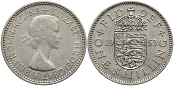 Великобритания 1 шиллинг 1953 Елизавета II (1952-2022), Английский герб KM 890, Spink 4139 медно-никель 4171-617