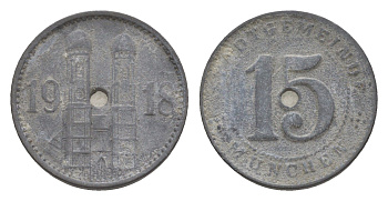 Мюнхен 15 пфеннигов 1918 Funck 348.1A, Men18 22407.1 цинк 4636-1236
