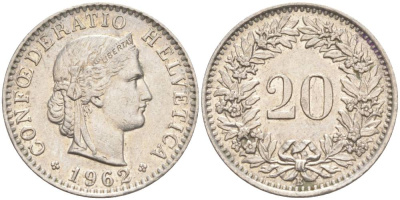 Швейцария 20 раппенов 1962 В KM 29a медно-никель 55-826