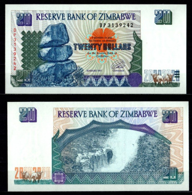 Зимбабве 20 долларов 1997 Pick 7 7215-7-1-1 бумага UNC (пресс) 7215-5-3-2