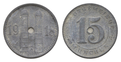 Мюнхен 15 пфеннигов 1918 Funck 348.1A, Men18 22407.1 цинк 4636-1236