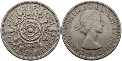 Великобритания 2 шиллинга (флорин) 1957 Елизавета II (1952-2022) KM 906, Spink 4146 медно-никель 85-812