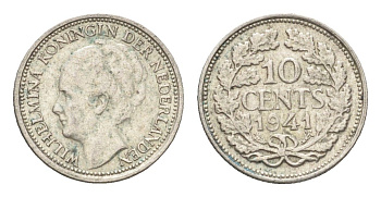 Нидерланды 10 центов 1941 Вильгельмина I (1890-1948) KM 163 серебро 4659-1167