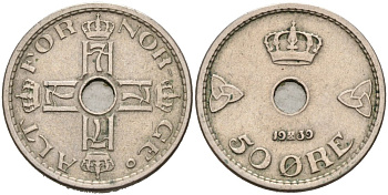 Норвегия 50 эре 1939 Хокон VII (1905-1957) KM 386 медно-никель 4571-355