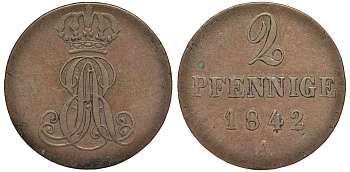 Ганновер 2 пфеннига 1842 A, Эрнст Август (1837-1851) KM 174.1, AKS 122, J. 55 медь 75-1725