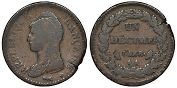 Франция 1 десим 1799 AA, консулат (1799-1803), AN 8 KM 644.2 бронза 00-00