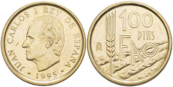 ИСПАНИЯ 100 ПЕСЕТ 1995 FAO, ХУАН КАРЛОС I (1975-) KM 950 никель латунь 4384-811